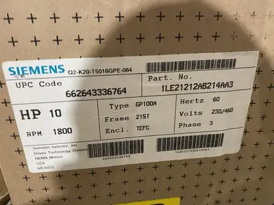 USED SIEMENS NEMA PREMIUM® AC MOTOR 10HP 3-PHASE TYPE GP100A