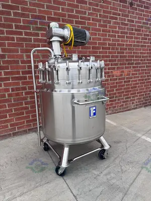 USED FELDMEIER 400 LITER STAINLESS STEEL JACKETED REACTOR 100 PSI/FV W/ 3 HP MOTOR