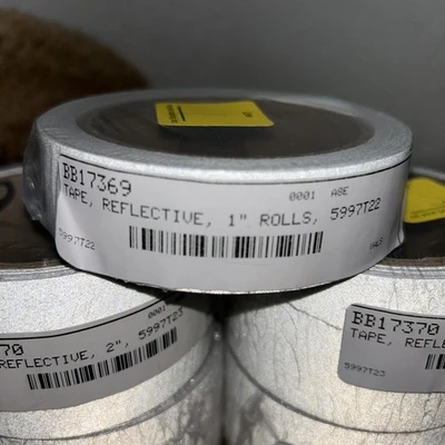 (4) 2” Silver Reflective Tape & (1) 1” P/N ?? Feet Per Roll?? .30lbs Per Roll