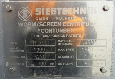Siebtechnik Tema H-700 Conturbex centrifuge, 1.4581 SS.
