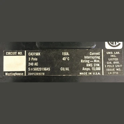 Westinghouse 3 Pole 150 Amp Panel Main Breaker