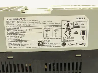 Allen Bradley 25B-D4P0N104 PowerFlex 525 AC Drive 1.5kW 2Hp 480V 3ph FRN 6.001