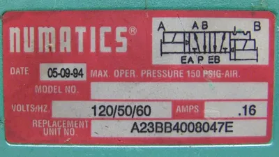 Numatics A23BB4008047E Sol-Pilot Valve 150PSIG-AIR .16A 120V 50/60Hz Used