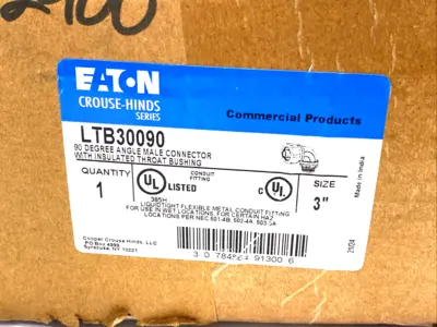 LTB30090 | Eaton  Liquidator Liquidtight Connector, FMC, 90 Deg, Insulated, 3" - New Other