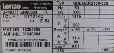 USED LENZE MDEMARS100-32B MOTOR 230V 50HZ 3KW KTY3TK0 MDEMARS10032B