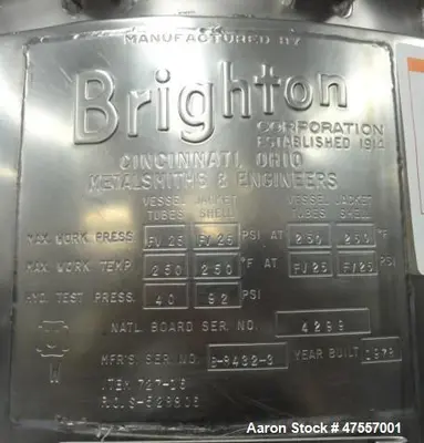 Used Brighton Corporation 49.7 Gallon Reactor – 316L Stainless Steel, Dimple Jacketed