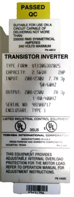 USED TOSHIBA VT130G3U2025 TRANSISTOR INVERTER G3 TOSVERT-130 2HP