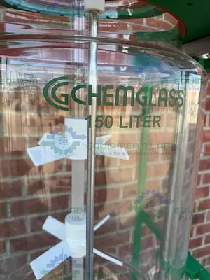 USED CHEMGLASS 150 LITER GLASS REACTOR W/ CHEMGLASS DIGITAL OVERHEAD STIRRER