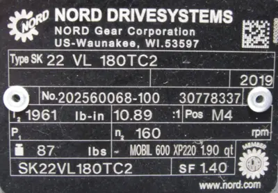 NEW NORD SK22VL180TC2 GEAR REDUCER 10.89:1