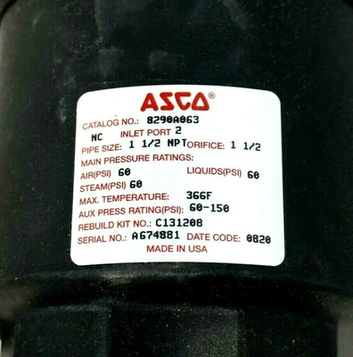NEW ASCO 8290A063 BRASS VALVE 1-1/2" 60PSI C131208