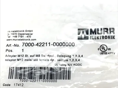 NEW MURR ELEKTRONIK ADAPTER M12 MALE, M8 FEMALE 4-POLE