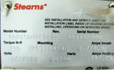 NEW STEARNS 108758103002 MOTOR BRAKE REV B 440/480V