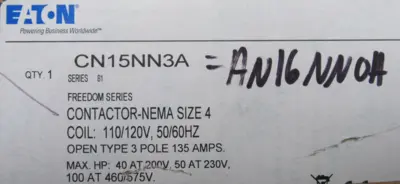 NEW EATON CN15NN3A CONTACTOR SIZE 4 SER.B1 135A 600V