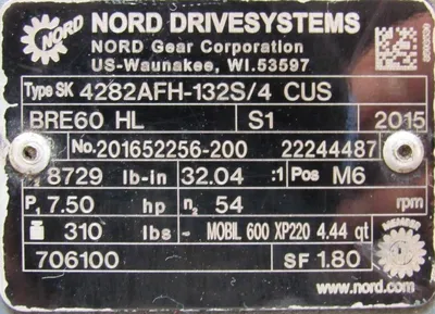 USED NORD 4282AFH-132S/4CUS GEARMOTOR 32.04:1 230/460V 7.5HP SK132S/4CUSBRE60HL
