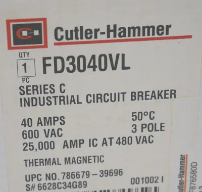NEW CUTLER HAMMER FD3040VL CIRCUIT BREAKER SER. C, 600VAC, 40A, 3 POLE