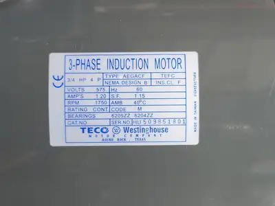 3/4 hp, 575 volts, 1750 rpm, Electric Motor