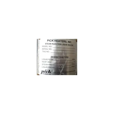 Used Pick Heaters Inc. Steam Injection Liquid Heater - Model 6X75-1