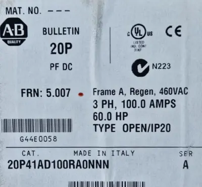 Allen Bradley 20P41AD100RA0NNN /A Power Flex DC Drive 3Ph 60HP 100A Loc1F