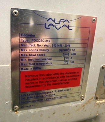 Alfa-Laval FOODEC 219 sanitary decanter centrifuge, 316SS.