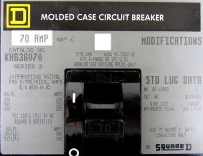 NEW SQUARE D KHB36070 MOLDED CASE CIRCUIT BREAKER 70A 3 POLE SER 2