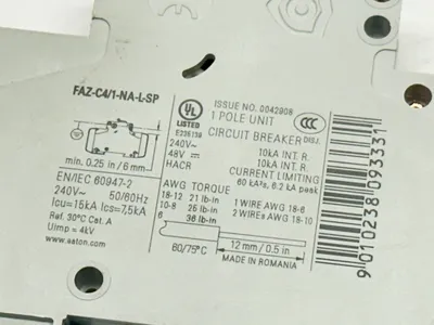 FAZ-C4/1-NA-L-SP | Eaton  Circuit Breaker 1-Pole 4A 240V - Used