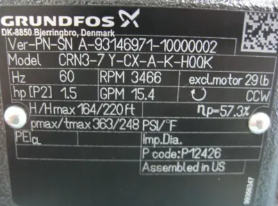 NEW Grundfos CRN3-7 Y-CX-A-K-HQQK