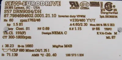 NEW SEW EURODRIVE S57 DRN90S4/DH GEAR MOTOR 38.23:1 230/460V 1.5HP S57DRN90S4DH