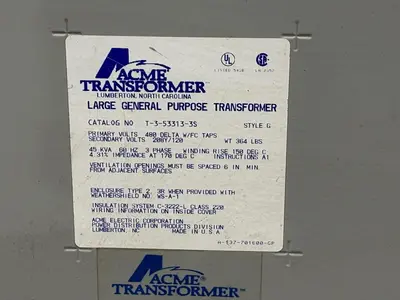45 KVA ACME ELECTRICAL TRANSFORMER 480 DELTA <-> 208Y/120 VOLT: YOBRO #24368
