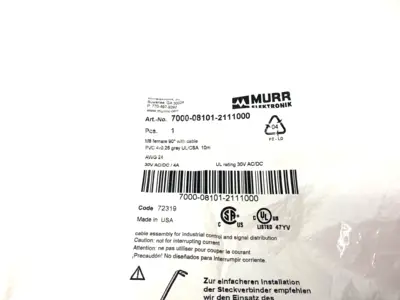 New | in-Stock Murrelektronik Single Ended M8 female 90° A-cod. Cable Cable & Wire Michigan US | Maverick Industrial Sales #1392904