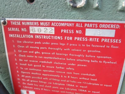 Press-Rite 20 Ton Punch Press