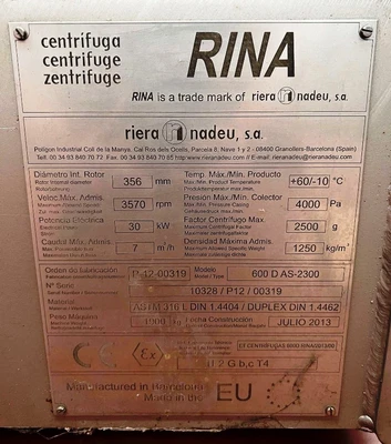 RINA 600D ATEX decanter centrifuge, 316L SS.