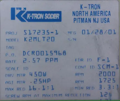 USED K-TRON SODER K2MLT20
