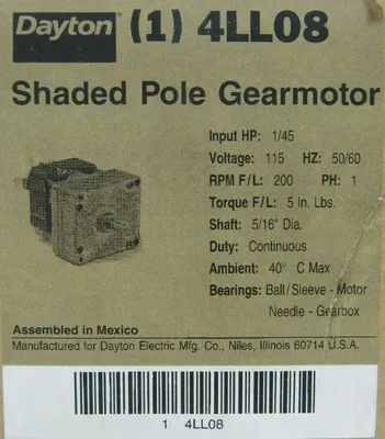 NEW DAYTON 4LL08 SHADED POLE GEARMOTOR 1/45HP 115V