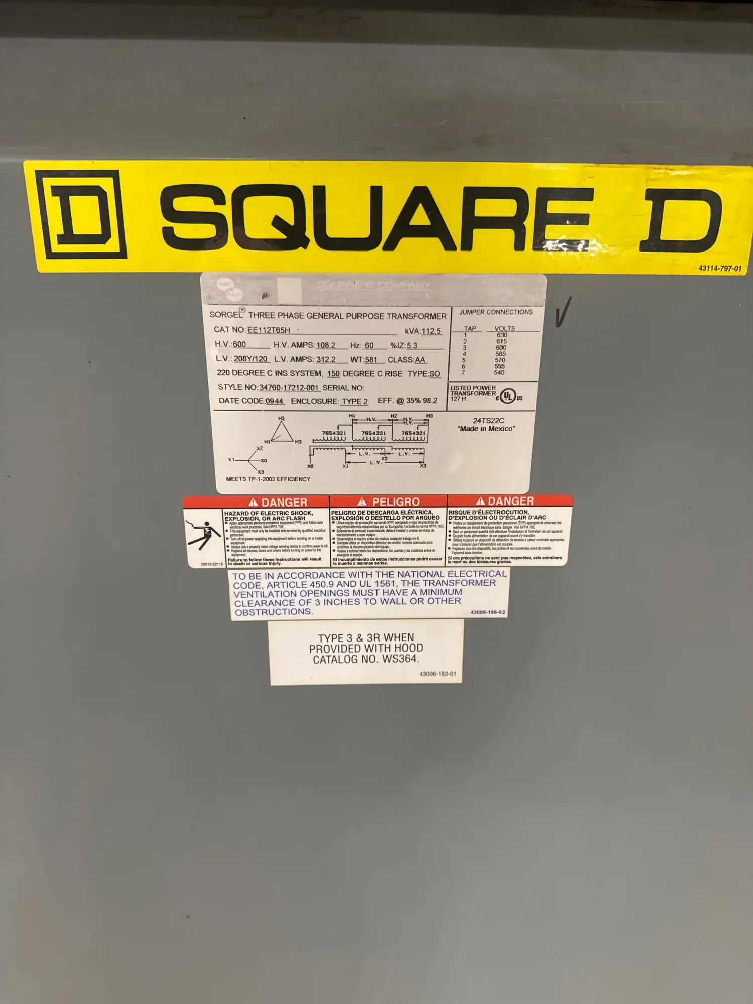 112.5 KVA 600v to 208/120v Isolation Transformer