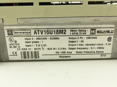 ATV16U18M2 Altivar 16 1PH In 3PH 4A Out 1HP 208/240VAC 0.1-200Hz