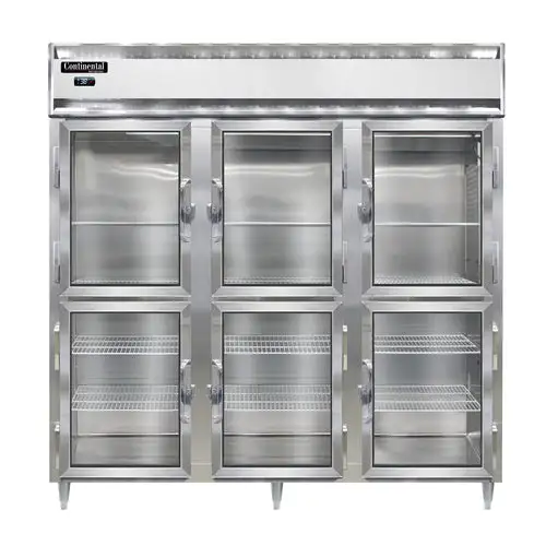 Continental D3RNSSGDHD 78" Three Section Reach In Refrigerator, (6) Left/right Hinge Glass Doors, Top Compressor, 115v