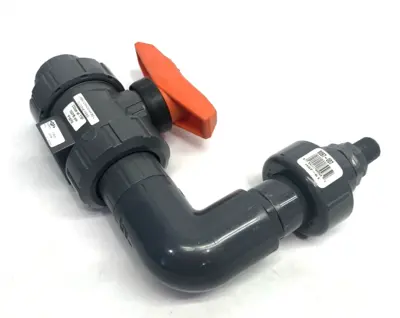 USED GEORG FISCHER TYP 546 PRO BALL VALVE PVC-U, 1" SOCKET ENDS, TO RT ANGLE ADAPTER