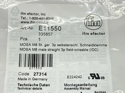 New | in-Stock ifm Wireable Plug M8 3-Pin Male SSTGF030MSSFPKG Electrical Fittings Michigan US | Maverick Industrial Sales #1395661