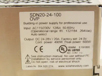 Sola SDN20-24-100 Power Supply Unit 24VDC 20A Output 115/230V Input 600W