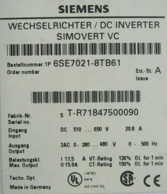 USED SIEMENS 6SE7021-8TB61 INVERTER 6SE70218TB61