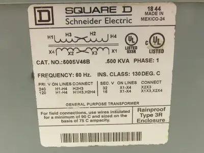 Square D 500SV46B Step Down Power Transformer 0.500KVA 1pH HV 120/240V LV 16/32V