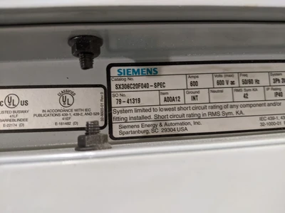 Siemens 600 Amp Bust Duct  SX306C20F040-SPEC 5’ section