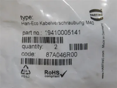 Bag of 2 Harting 19410005141 Han-Eco Cable Glands 87A046R00 New