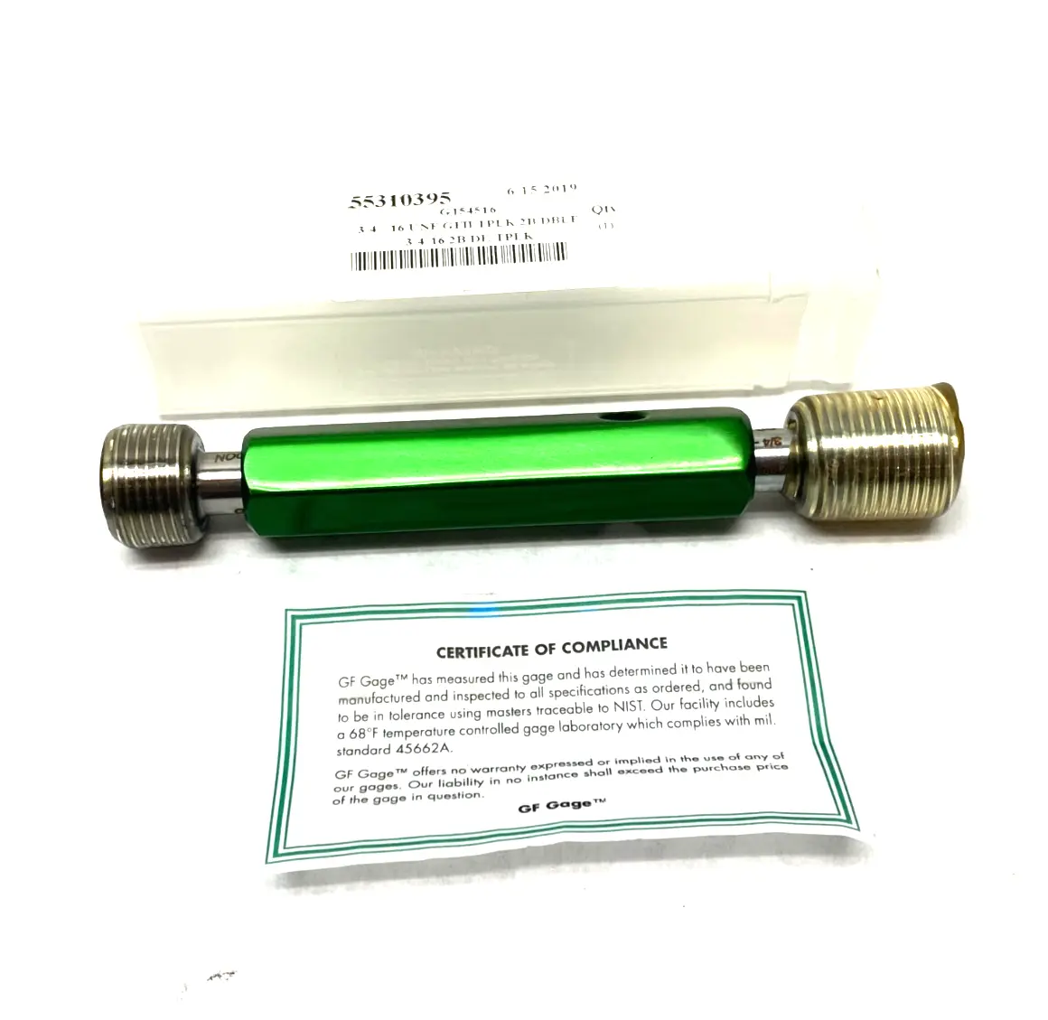 NEW GF GAGE PLUG THREAD GAGE: 3/4-16 THREAD, 2B CLASS, DOUBLE END G/NG