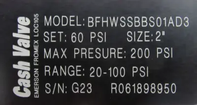 NEW CASH VALVE BFHWSSBBS01AD3 PRESSURE VALVE 2" 60PSI