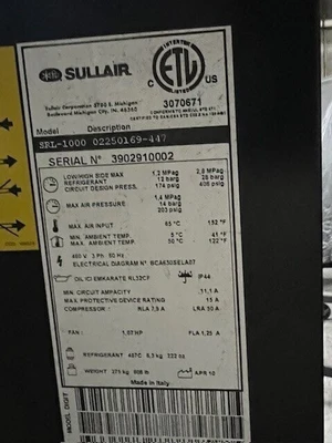 2010 SULLAIR SRL1000 Refrigerated Air Compressor Dryers | Pressroom Solutions LLC (2)