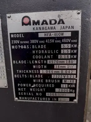 16" X 16" AMADA MODEL #HFA-400W AUTOMATIC HORIZONTAL BANDSAW: STOCK #15398