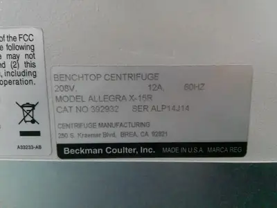 Beckman Allegra X-15R Refrigerated Benchtop Centrifuge w/Rotor, Buckets, Inserts