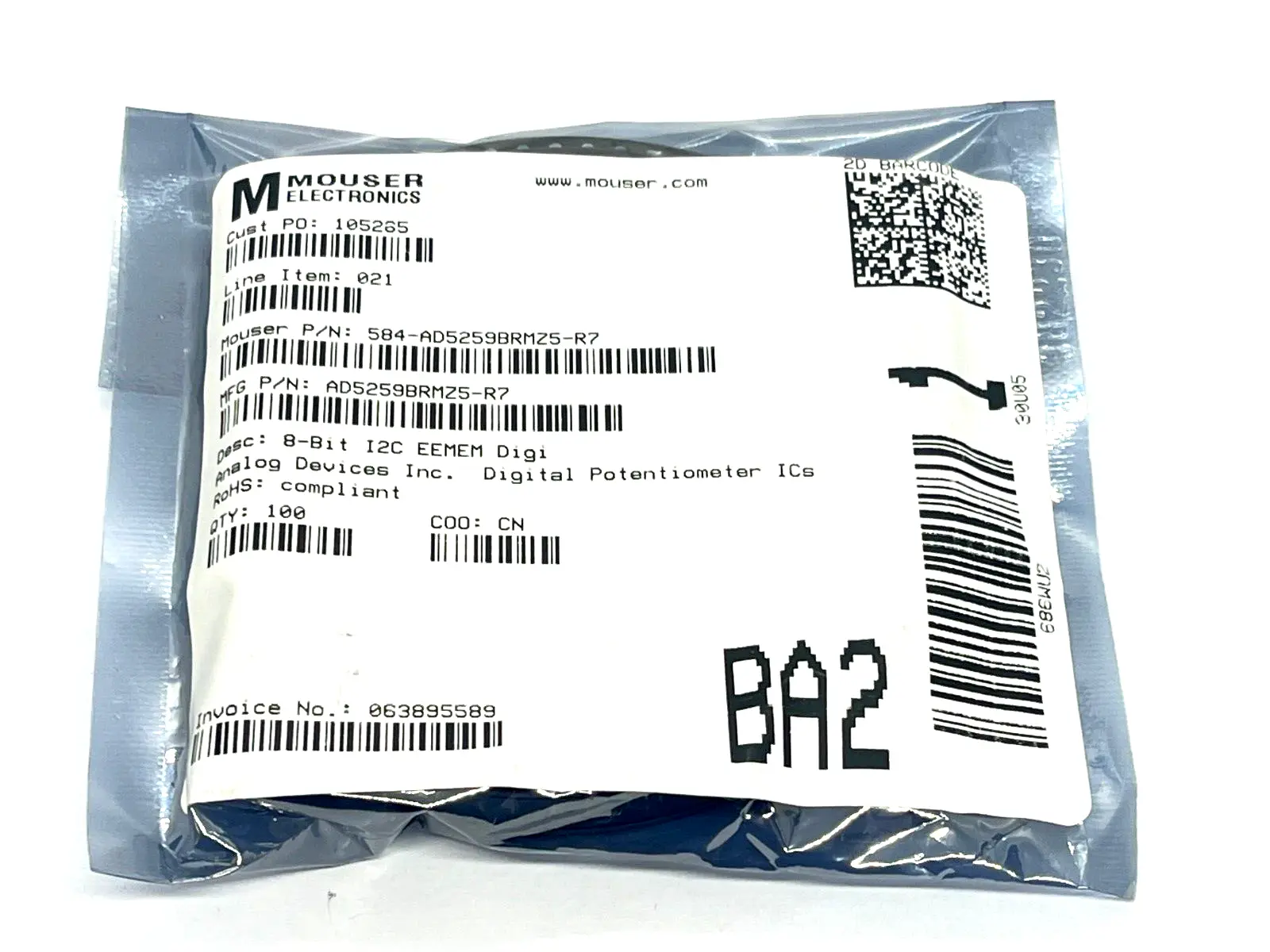 AD5259BRMZ5-R7 | Analog Devices  Potentiometer ICs 8-Bit I2C EEMEM DigiPOT 100QTY - New