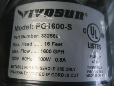 NEW Vivosun Model PG1600S Submersible Water Pump 1600GPH 100W Low Noise H5